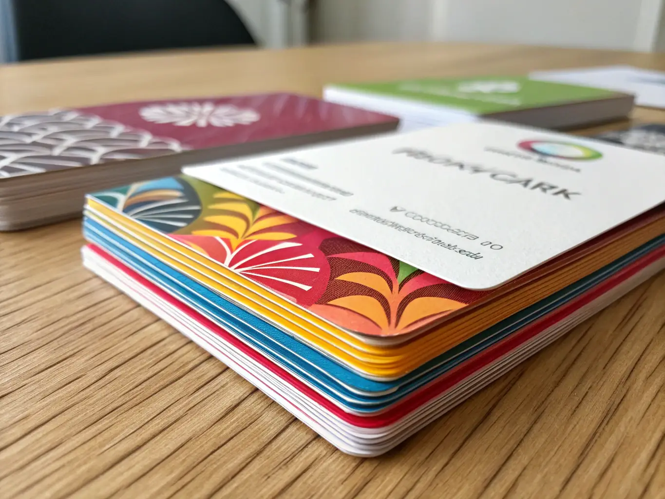 A close-up shot showcasing various paper textures and finishes available for business cards, such as matte, glossy, and textured options.